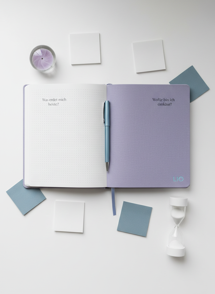 A neatly arranged flat lay of analog tools for mindful planning on a matte white surface. At the center, a hardcover journal in soft flieder fabric features a debossed, understated “LIO” logo in pale blue. The journal is open to a spread with lightly printed grid lines and headings “Was erdet mich heute?” and “Wofür bin ich dankbar?” in an elegant sans-serif typeface. A slim, brushed-metal blue pen rests along the spine. Around it are small, square sticky notes in white and muted blue, a delicate glass paperweight with a swirl of lavender, and a minimalist white sand timer. Overcast natural light from a nearby window creates gentle, shadowless illumination. Shot from directly above with precise, photographic realism, the composition feels intentional, grounded, and quietly inspirational.