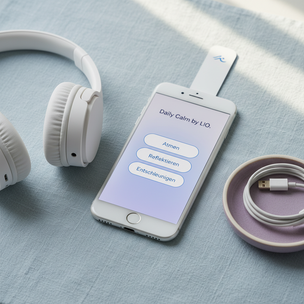 A close-up of a white smartphone lying on a pale blue linen cloth, its screen glowing softly with a simple, uncluttered interface titled “Daily Calm by LIO.” The interface shows three rounded buttons in white with thin blue outlines labeled “Atmen,” “Reflektieren,” and “Entschleunigen,” with a subtle lavender gradient background behind them. Around the phone lie a pair of minimalist white over-ear headphones, a small flieder-colored ceramic dish holding a neatly coiled charging cable, and a slim white bookmark with a tiny blue logo. Gentle, diffused afternoon light from above and slightly to the right creates refined highlights and understated shadows. Captured from a slightly elevated angle with a shallow depth of field, the mood is modern, soothing, and organized, reflecting a calm digital space amid everyday life.