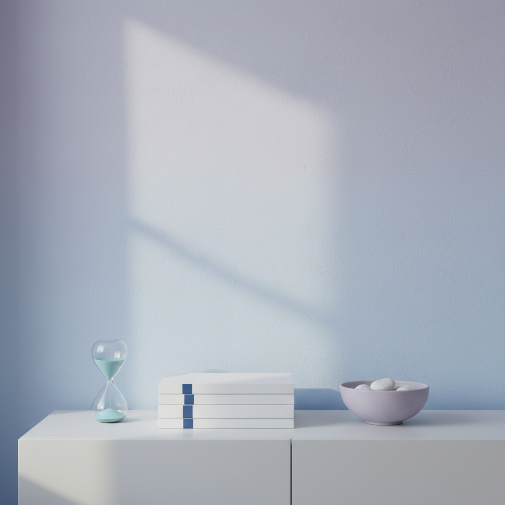 A serene corner of a room with a low white console table against a smooth wall washed in a delicate blue-to-flieder gradient. On the table sits a small collection of carefully arranged objects: a frosted glass hourglass with pale blue sand, a stack of three matte white books with understated blue spines, and a minimalist ceramic bowl in soft lavender containing polished white stones. Subtle, indirect morning light from the left creates soft shadows and a quiet glow across the objects, enhancing their textures. The composition uses the rule of thirds, leaving generous negative space above for potential text overlay. Photographic realism with a muted palette emphasizes tranquility and composure, evoking a sense of quiet, everyday balance aligned with mindfulness and authenticity.